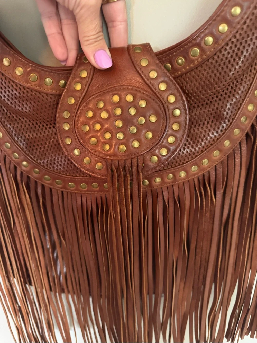 Scully Brown Leather Fringe Hobo with Gold Studs -genuine leather - NEVER USED